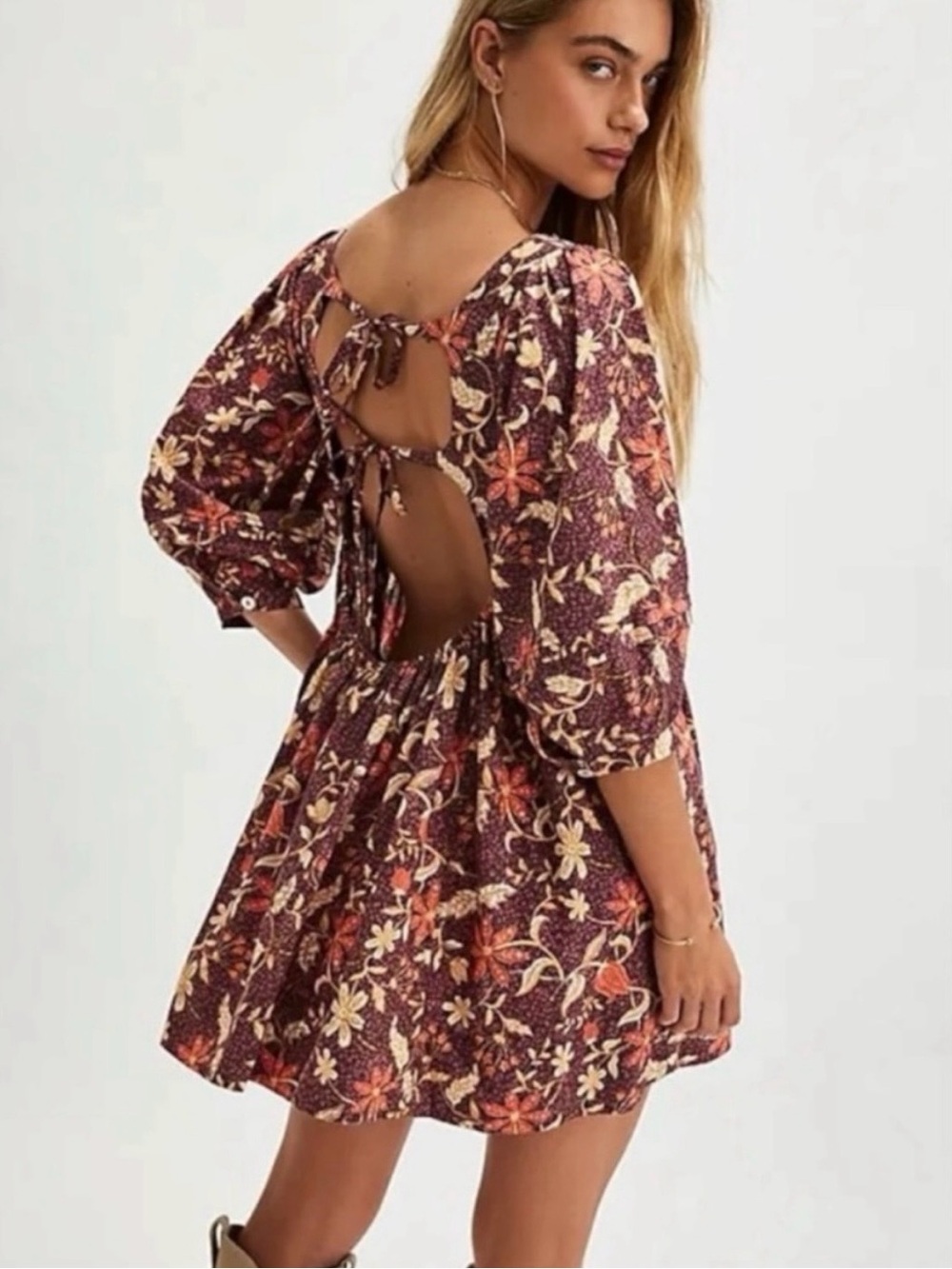Free People NWT Lola Brown Multicolored Floral Mini Babydoll Dress Size Medium - Picture 6 of 11